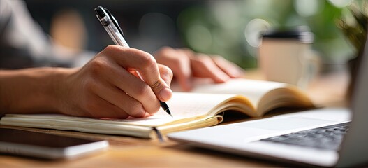 Close-up of hands writing in a notebook, with a laptop in the background