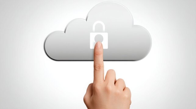 A finger touching a cloud with a padlock icon representing user-triggered access to secure cloud services