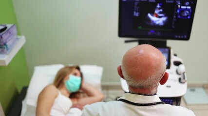 Cardiologist performing an echocardiogram on a female patient wearing a surgical mask, using ultrasound technology to assess heart health in a modern clinic - Powered by Adobe