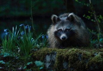 Fototapeta premium Raccoon in a mystical forest scene with vibrant blue flowers
