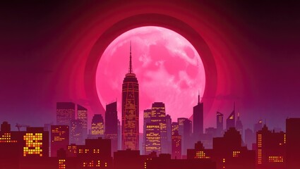 A stylized cityscape at night, illuminated by a large pink moon.