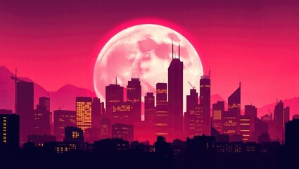 Fototapeta premium Silhouette of a city skyline with a large, pink moon in the background, creating a vibrant, stylized scene.