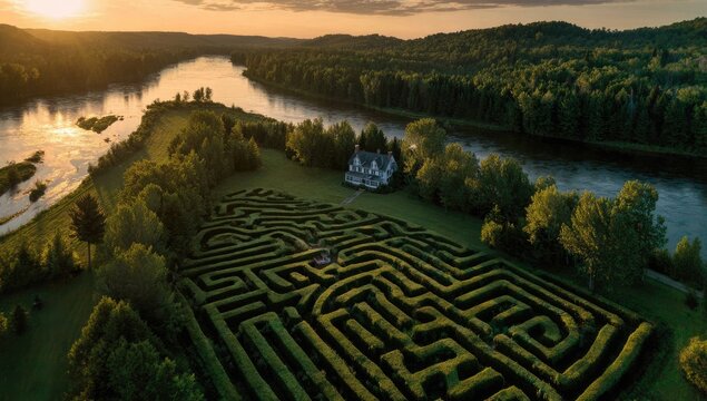 Scenic maze on island, riverside estate at sunset - Powered by Adobe