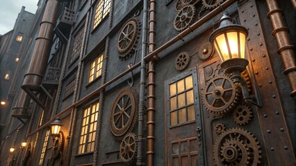 Obraz premium Close Up of Steampunk Architecture with Stacked Buildings and Glowing Lantern Lights