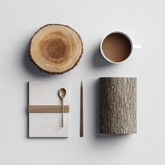 Flat lay of wooden and paper goods