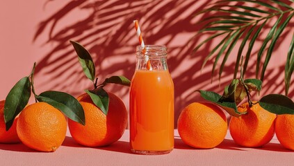 Orange juice in a glass bottle, surrounded by oranges and palm leaf shadows on a coral background