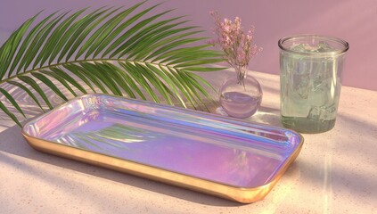 Pastel tray, drink, tropical leaf