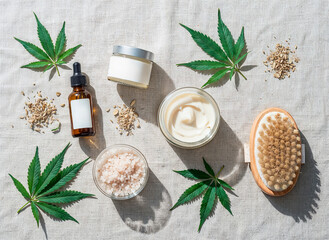 Flat lay of natural hemp body care products on a linen background, hemp oil bottle, body butter jar, bath salts, wooden brush, hemp leaves scattered around, eco-friendly branding mockup