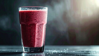 Vibrant crimson berry smoothie in a condensation covered glass on a dark wet reflective surface