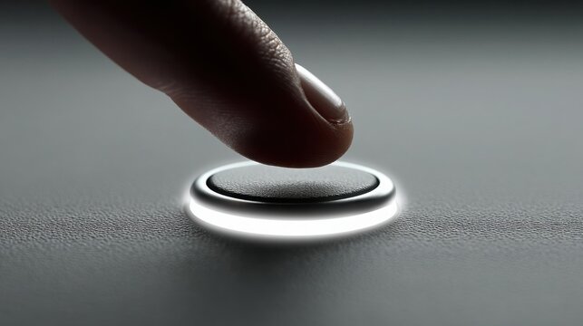 Finger gently touching a glowing button symbolizing instant command and user interaction with technological systems