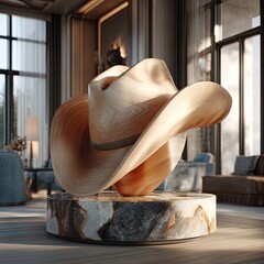 Light-brown cowboy hat sculpture on a marble base in a modern interior