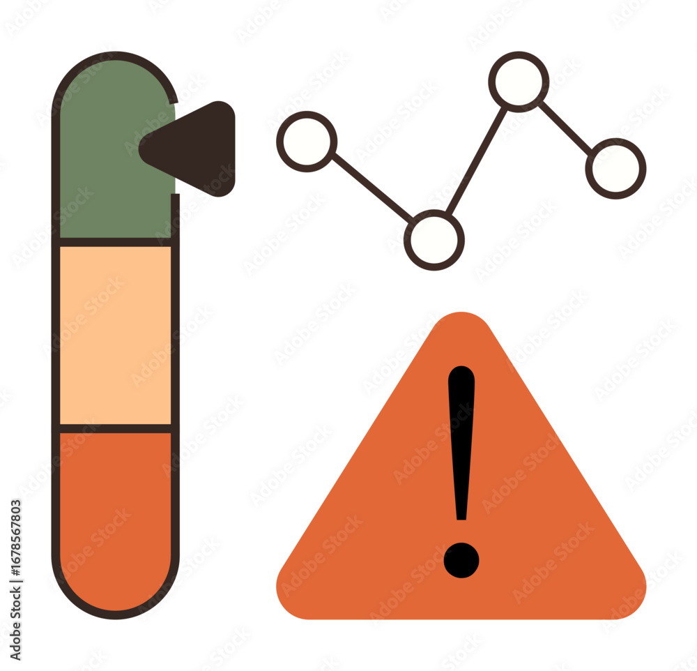Poster color-coded vertical gauge, warning triangle with exclamation mark, simple line chart. ideal for ris