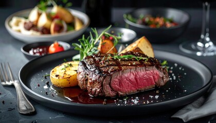 Medium rare grilled steak with roasted potatoes fresh rosemary and seasoning on a dark plate Elegant gourmet meal
