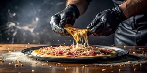 Close-Up Pizza Maker Adding Cheese, Black Gloves, Delicious Pizza, Food Photography, Culinary Image, Restaurant Food