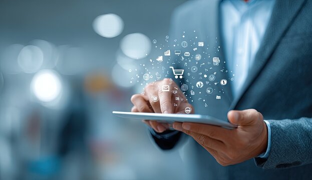 Businessman uses tablet, digital shopping icons