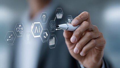 Close-up of a person's hand writing on a digital AI interface with various data visualizations