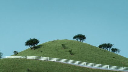 Obraz premium Gentle hilltop with white fence and trees against a pale blue sky
