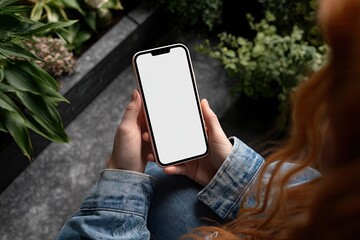 Woman holding phone, plants in background
