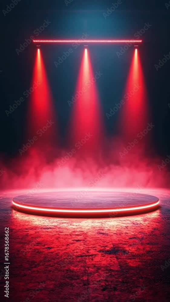 Poster dramatic stage performance on circular platform, illuminated by vibrant red lighting and enveloped i