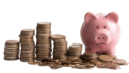 Sad piggy bank and coins