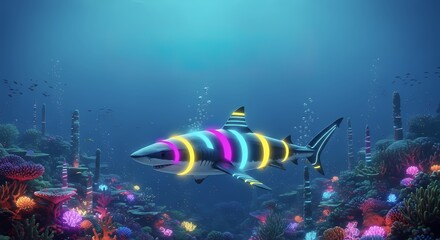 Shark Swimming with Neon Rings in Blue Ocean Coral Reef