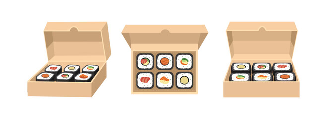 Sushi box delivery. Sushi food box. Cardboard food. Asian food. Korean food. Japanese foods