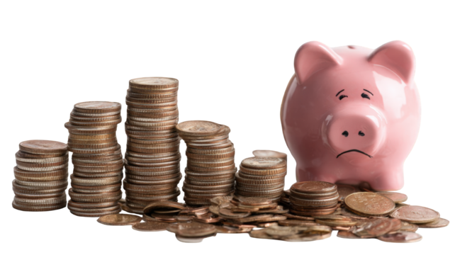 Sad piggy bank and coins