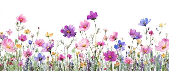 Watercolor painting of wildflowers in various shades of pink, purple, and blue