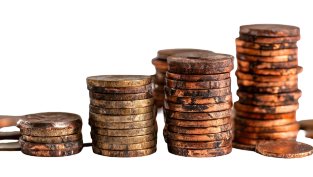 Stacks of old, dirty coins