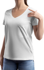White t-shirt mockup with pocket, v-neck on girl, png, front view