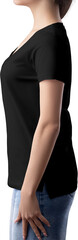 Black t-shirt mockup with pocket, v-neck on girl, png, side view