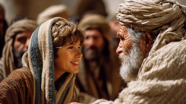 A boy, Jesus, at twelve years old, in the temple asking questions of the teachers and listening with a man. A biblical event.