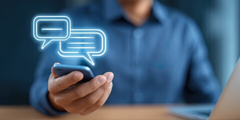Person holds phone with glowing chat bubbles
