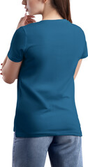 Blue t-shirt mockup with pocket, v-neck on girl, png, back view