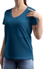 Blue t-shirt mockup with pocket, v-neck on girl, png, front view