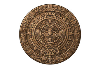 Aztec sun stone circular brown carved details central face