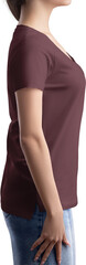 Mockup burgundy t-shirt with pocket, v-neck on girl, png, side view