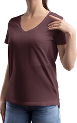 Mockup burgundy t-shirt with pocket, v-neck on girl, png, front view