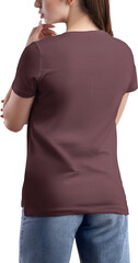 Mockup burgundy t-shirt with pocket, v-neck on girl, png, back view