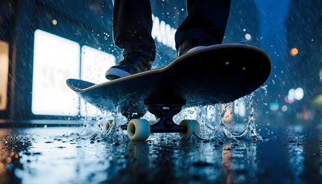 Rainy City Skater Jump Over Puddle Splash