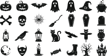 Halloween icon set featuring spooky symbols like pumpkins, ghosts, witches, cats, spiders, ravens, and castles