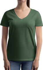 Mockup greent-shirt with pocket, v-neck on girl, png, front view