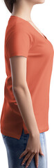 Mockup of orange t-shirt with pocket, v-neck on girl, png, side view