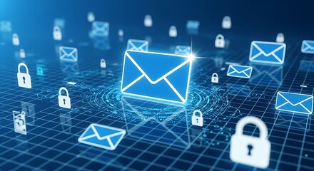 Digital email icons and security locks represent secure online communication and data protection in a networked environment