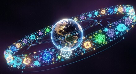 Advanced global satellite network surrounding Earth for secure, powerful global communication...