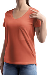 Mockup of orange t-shirt with pocket, v-neck on girl, png, front view