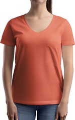Mockup of orange t-shirt with pocket, v-neck on girl, png, front view