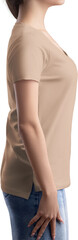 Nude, tan, beige t-shirt mockup with pocket, v-neck on girl, png, side view