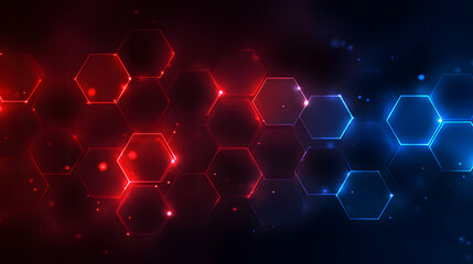 Red and blue light effect background with futuristic glowing hexagon shapes for technology or gaming banner design
