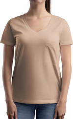 Nude, tan, beige t-shirt mockup with pocket, v-neck on girl, png, front view